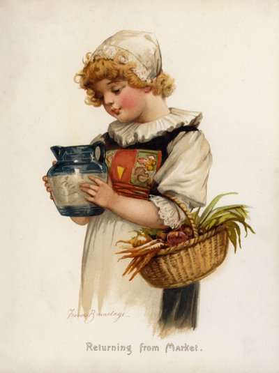 Jenter: Kommer tilbake fra markedet (farge litho) av Frances Brundage