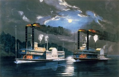 Et midnattsløp på Mississippi, etter en tegning av H.D. Manning, pub. av Currier og Ives, New York, 1860 av Frances Flora Bond Palmer