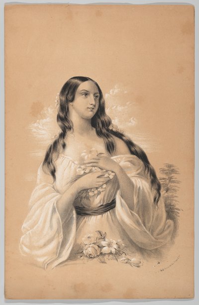 Woman Holding Flowers, i The New York Drawing Book, Containing a Series of Original Design..., 1847. av Frances Flora Bond Palmer