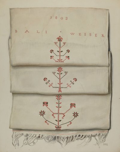 Pa. Tysk brodert håndkle av Frances Lichten