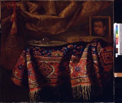 Stilleben med selvportrett. (Stilleben med selvportrett). Maleri av Francesco Fieravino (mellom 1610 og 1660). Italiensk kunst, barokkstil. Regionalt A. Deineka kunstgalleri, Kursk, Russland av Francesco (b.1640) Fieravino