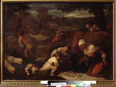 ""Le soir"" (kveld) Familie av gjetere, kvinner og barn som spiser lunsj på gresset. Maleri av følget til Jacopo Bassano (da Ponte) (1510-1592) Ivan Kramskoy (eller Kramskoi) kunstmuseum fra 1500-tallet i Voronezh (Voronezh), Russland. av Francesco (circle of) Bassano