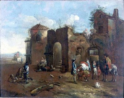 Reisende stoppet ved en rustikk hovslager av Francesco (circle of) Simonini