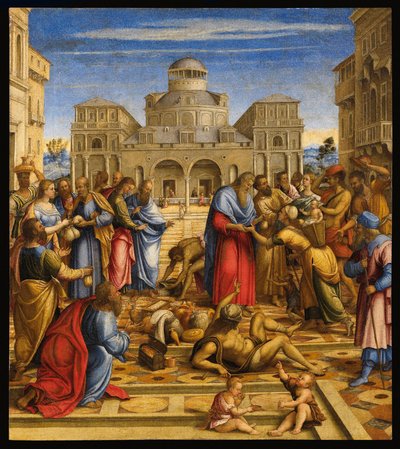 Den hellige Johannes kapellan (Johannes V av Alexandria eller Johannes av Kypros) (556-619), ortodoks patriark av Alexandria, som deler ut penger til de fattige i gatene i byen - Johannes den barmhjertige i Alexandria - Maleri av Francesco di Bernardo de V av Francesco (fl.1508 45) Rizzi da Santacroce