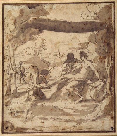 Venus, tilbakelent under en rustikk baldakin, med Adonis som fester sandalen (penn og blekk med vask på papir) av Francesco Albani