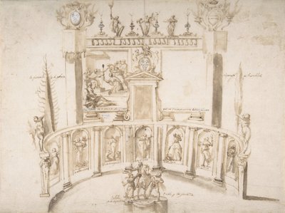 Design for en hagefest med en halvsirkulær vegg og statuer i nisjer., ca. 1635-79. av Francesco Allegrini