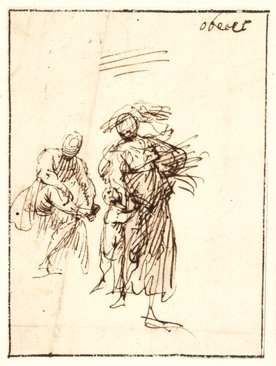 Skisse av kvinne som går med et barn ved siden og en sittende figur bak av Francesco Allegrini