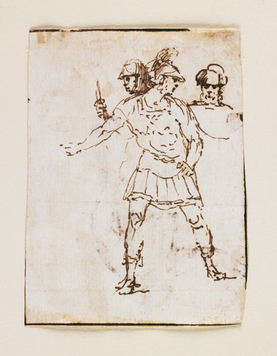 Studie av to romerske soldater og en skjeggete figur (recto); Studie av en skjeggete mann som går med en pinne (verso) (penn og brunt blekk) av Francesco Allegrini