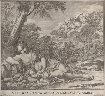 Latona og hennes sovende tvillinger, Apollo og Diana, i et landskap, 1705. av Francesco Antonio Meloni