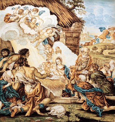 Krybbe, malt majolica-plate, av Francesco Antonio Xaverio Grue (1686-1746), Abruzzo Castelli-produksjon, Italia av Francesco Antonio Xaverio Grue