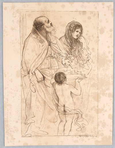 En biskopshelgen som peker på en modellby, med andre figurer, etter en tegning av Guercino av Francesco Bartolozzi