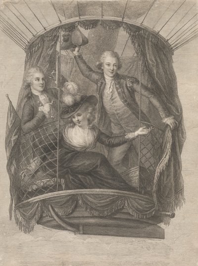 Ascension av Madame Sage, Chevalier Biggin og kaptein Vincent Lunardi i en ballong, 20. juni 1785 av Francesco Bartolozzi