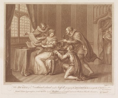 Dukes of Northumberland og Suffolk ber Lady Jane Gray om å akseptere kronen Hertugene av Northumberland og Suffolk ber Lady Jane Gray om å akseptere kronen (tittel på objektet) av Francesco Bartolozzi
