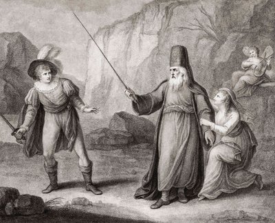 Prospero avvæpner Ferdinand. Shakespeare. The Tempest (gravering) av Francesco Bartolozzi