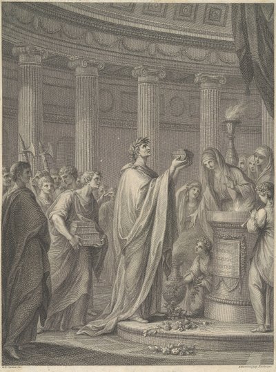Den romerske generalen Julius Cæsar innvier tempelet for Venus Genetrix på Cæsars forum i Roma, 46 f.Kr. av Francesco Bartolozzi