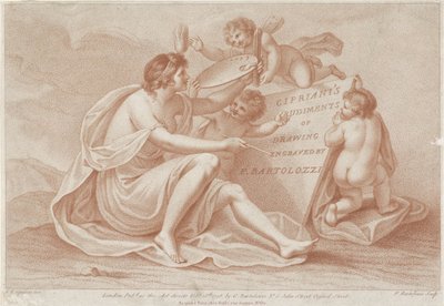Titteltrykk med personifisering av maleri Ciprianis tegningsprinsipper (serietittel) Ciprianis rudiments of drawing (serietittel) av Francesco Bartolozzi