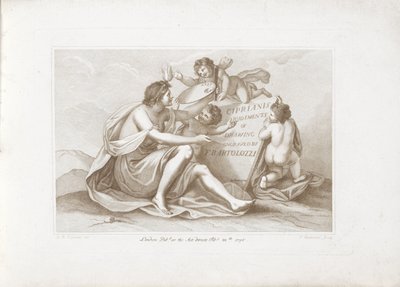 Titteltrykk med personifisering av maleri Ciprianis tegningsprinsipper (serietittel) Ciprianis rudiments of drawing (serietittel på objekt) av Francesco Bartolozzi