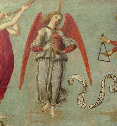 Engel som spiller sekkepipe, ca. 1475-97 tempera på paneldetalj av 64871, se også 64873 og 64874 av Francesco Botticini