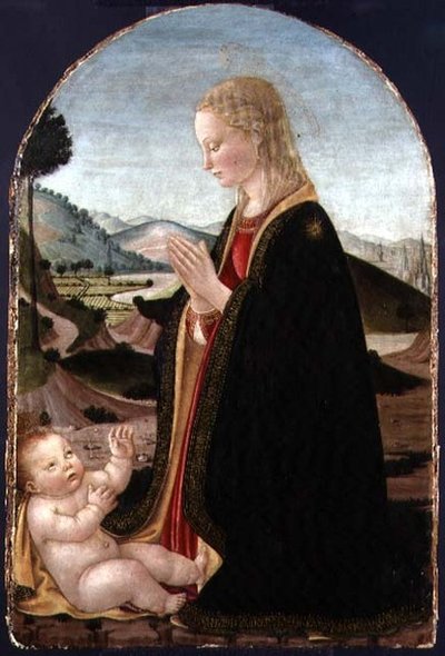 Virgin Adoring the Child (tempera med gull på panel) av Francesco Botticini