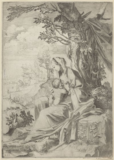 Maria dier Kristusbarnet i et landskap av Francesco Brizio