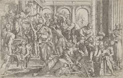 Saint Roch til venstre deler ut almisser til en gruppe mennesker samlet rundt ham, etter ..., 1590-1600. av Francesco Brizio
