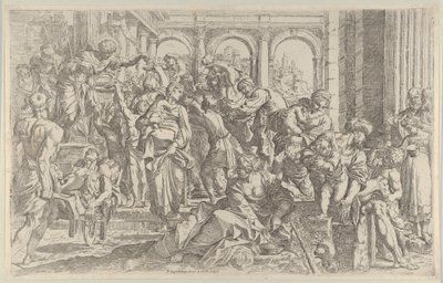Saint Roch til venstre deler ut almisser til en gruppe mennesker samlet rundt ham, ca. 1590-1600. av Francesco Brizio
