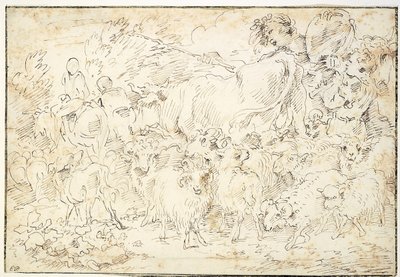 Hyrder med geiter, sauer, en ku og en gjeterhund av Francesco Castiglione