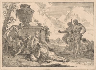 En satyr med en stav og syv andre figurer av Francesco Fontebasso