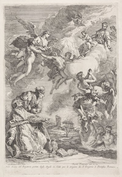 Saint Gregory the Great og Saint Hieronymus ber for sjeler i skjærsilden Molte Anime del Purgatorio portate dagli Angeli in Cielo per le pregiere di S. Gregorio I. Pontefice Romano (tittel på objekt) av Francesco Fontebasso