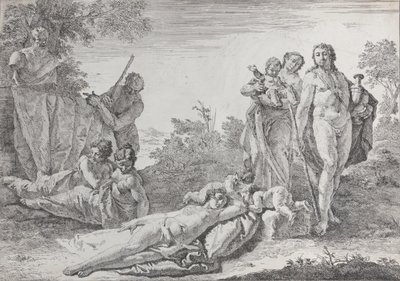 Ni figurer nær en Herm of Pan, fra Bacchanals and Histories, 1744. av Francesco Fontebasso
