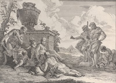Satyr med klubb og syv figurer, fra Bacchanals and Histories, 1744. av Francesco Fontebasso