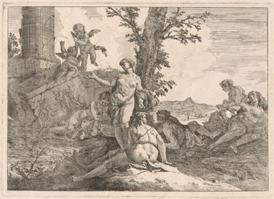 Seks nymfer og to amoriner i et landskap av Francesco Fontebasso