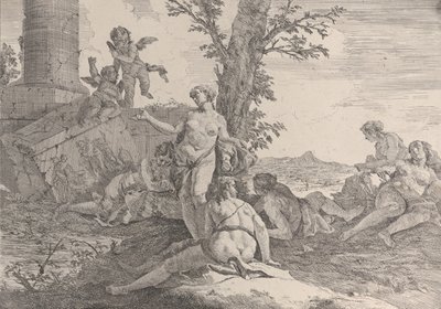Seks nymfer og to putti, fra Bacchanals and Histories, 1744. av Francesco Fontebasso