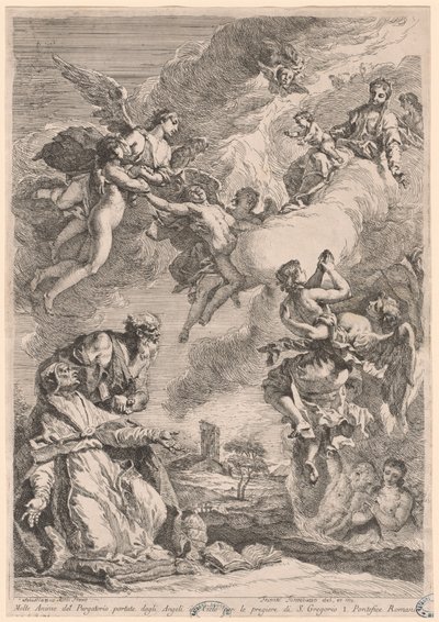 Pave Gregor den store og Saint Vitale går i forbønn for sjelene i skjærsilden av Francesco Fontebasso, after Sebastiano Ricci