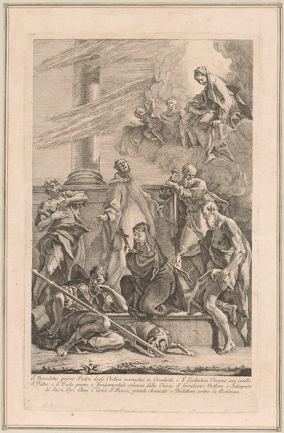 Madonnaen og barnet med to engler og hellige Scholastica, Benedict, Roch, Peter, Paul og Jerome av Francesco Fontebasso after Sebastiano Ricci