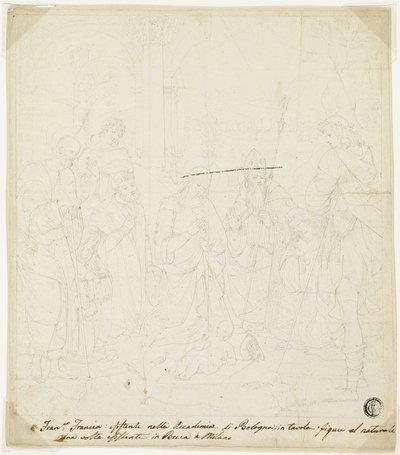 Tilbedelse av Kristusbarnet, med de hellige Josef, Frans av Assisi og Augustin, deltatt av Anton Galeazzo Bentivoglio og Alessandro Bentivoglio av Francesco Francia