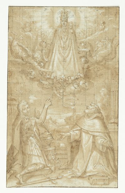 En kronet Madonna og barn, drapert med en mantel og tunge lenker, dukker opp i skyene, omgitt av engler og kjeruber, for to knelende helgener; den ene en soldat som er martyrdød, den andre en geistlig (Hyacintus?). En engel rekker et belte eller en rulle av Francesco Francia