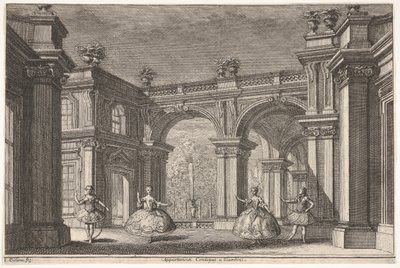 To damer og to herrer som danser i utsmykkede arkitektoniske omgivelser, en fontene ved..., 1765. av Francesco Galli Bibiena