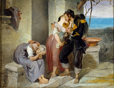 Soldatens avgang Fra en familie forlater soldaten sin kone og barn i tårer for å gå til krig. Maleri av Francesco Gandolfi (1824-1873) Dim. 27x38 cm Genes Nervi, Civica Galleria d