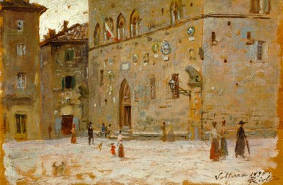I square in Volterra av Francesco Gioli (1846-1922), olje på panel av Francesco Gioli