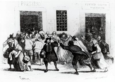 Plyndringen av bakeri med krykker, episode fra Troloved, av Alessandro Manzoni (1785-1873), illustrasjon av Francesco Gonin (1808-1889) 1840-utgaven av Francesco Gonin