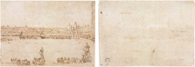 En prosesjon av triumfbiler på Piazza San Marco, Venezia, for å feire besøket til Conti del Nord (recto) Tre skisser av buer (verso) av Francesco Guardi