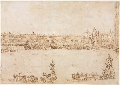 En prosesjon av triumfbiler på Piazza San Marco, Venezia, for å feire besøket..., 1782. av Francesco Guardi