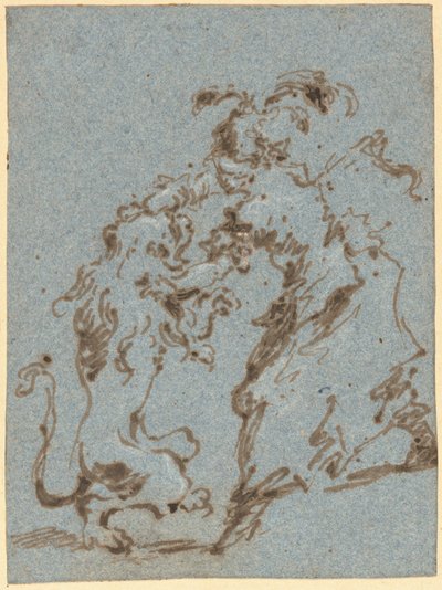 En elegant kledd kvinne som sliter med en løve av Francesco Guardi