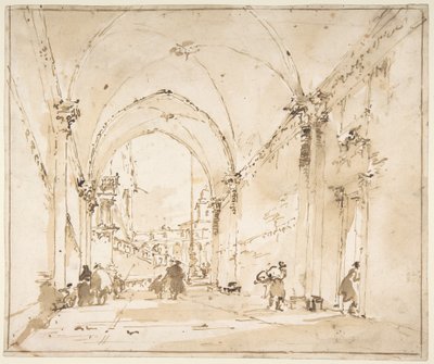 Arkitektonisk capriccio: hvelvet passasje som leder til en plass av Francesco Guardi