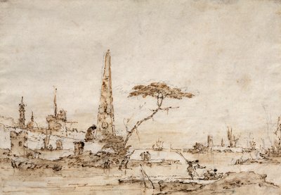 Capriccio ved siden av en venetiansk lagune med en obelisk og løve utenfor murene til en befestet by (penn og blekk) av Francesco Guardi
