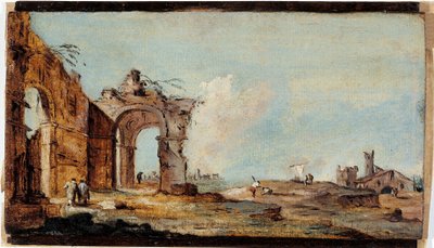 Caprice, med ødelagt bue og fiskerhus av Francesco Guardi