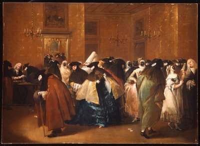 Mine damer og herrer i karnevalskostyme i Ridotto, Venezia av Francesco Guardi