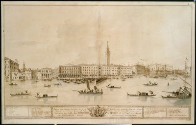 Panorama over Venezia fra Bacino di San Marco, inkludert prosjektet til det foreslåtte Teatro Manin av Francesco Guardi