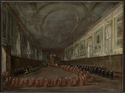 Pave Pius VI stiger ned tronen for å ta avsked med dogen i hallen ..., ca. 1783. av Francesco Guardi